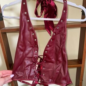 SHEIN Red Faux Leather Lace-Up Halter Top